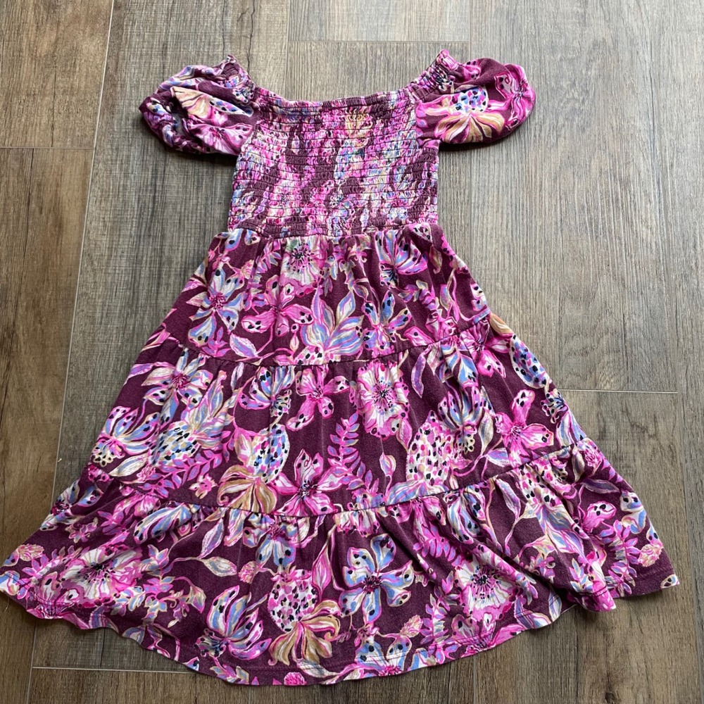 Lilly Pulitzer Girls XS Purple Floral Smocked Tiered Puff Sleeve Dress